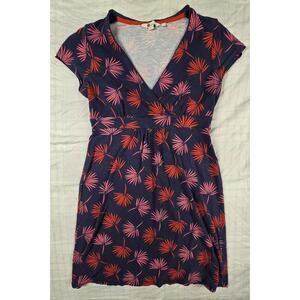 Boden Womens Short Sleeve V-Neck Leaf Print Jersey Faux Wrap Blue Red Pink 8P